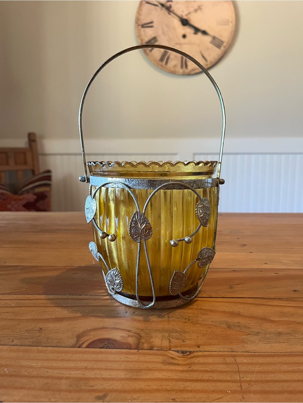 Vintage Amber Glass Ice Bucket with Caged Leaf and Handle